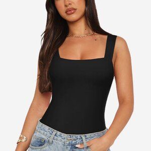 REORIA Black Women’s Stretch Sleeveless Bodysuit / Top Square Neck Medium